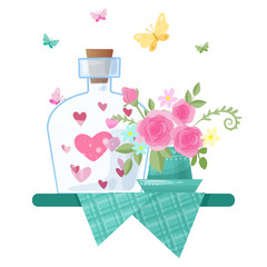 Cute cartoon glass jars and caps with hearts and roses for Valentine's Day. Vector illustration