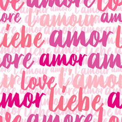 vector seamless pattern of the word love in english, french, german, spanish. Lettering.
