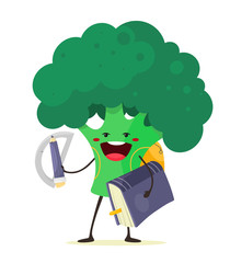 Cheerful broccoli, apprentice with a pencil, protractor and book. School bag. Vector isolate in cartoon flat style on a white background. Back to school.