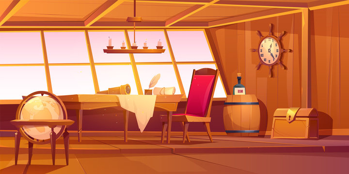 Pirate capitan ship cabin. Vector cartoon illustration of wooden room interior, globe, treasure chest and table with bottle of rum, map and spyglass on table