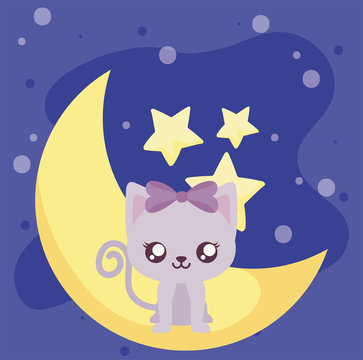 Cute cat cartoon and moon vector design