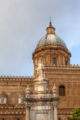 Obraz premium St. Rosalia, the patron saint of Palermo, in front of the Cathedral of Palermo, Corso Vittorio Emanuele,Palermo, Sicily, Italy