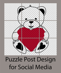 Valentine's Day. Little bear with heart. Trendy editable template for social network message, puzzle post, vector illustration. Design backgrounds for social media.