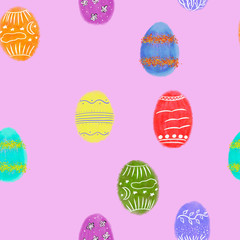 Seamless easter eggs pattern on pink background. Easter concept. Multicolored easter eggs. Print, packaging, wallpaper design