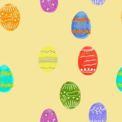 Seamless pastel colored easter eggs on beige background pattern. Easter concept. Print, packaging, wallpaper, fabric design. Handwriting. 