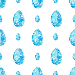 Seamless pattern with blue watercolor hand-drawn easter egg.