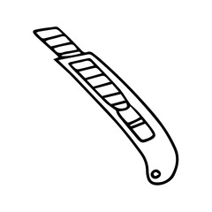 stationery knife in doodle style. black and white vector illustration. The object is hand-drawn and isolated on a white background. Knife with interchangeable blade for cutting. Office supplies