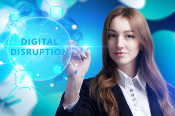 Business, Technology, Internet and network concept. Young businessman working on a virtual screen of the future and sees the inscription: digital disruption