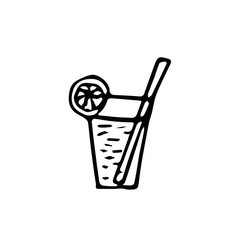 cocktail hand drawn in scandinavian style. glass with a drink, lemon and a straw.
