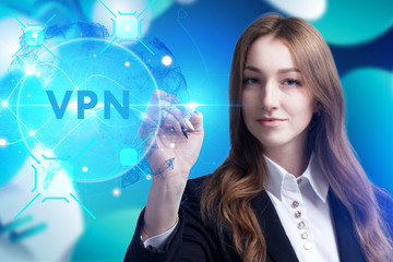 Business, Technology, Internet and network concept. Young businessman working on a virtual screen of the future and sees the inscription: VPN