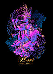 Young smiling Lord Krishna with a flute and a cow surrounded by lotuses and tribal ethnic elements such as mandala and paisley. isolated Varicoloured vector illustration