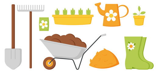 A set of garden accessories. Spring, land works, labor day. The template for your labels, decorations, prints, stickers. 