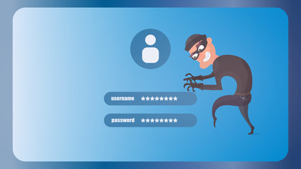 Thief steals login and password. The robber steals user data. Security concept. Vector illustration.