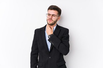 Young caucasian business man posing in a white background isolated Young caucasian business man suffers pain in throat due a virus or infection.