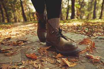 Women's legs standing in autumn leaves.