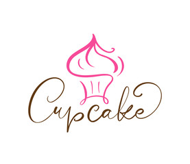 Cupcake vector calligraphic text with logo. Sweet cupcake with cream, vintage dessert emblem template design element. Candy bar birthday or wedding invitation