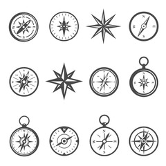 Compass, navigational equipment glyph vector icons set