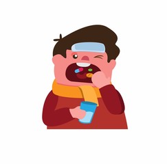 sick man, open mouth for eating drug medicine,  patient, fat man wearing jacket and scarf holding mineral water, pill and capsules cartoon flat illustration vector isolated in white background