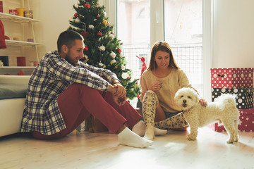 Couple in love sitting near Christmas tree. Christmas and New Year concept.