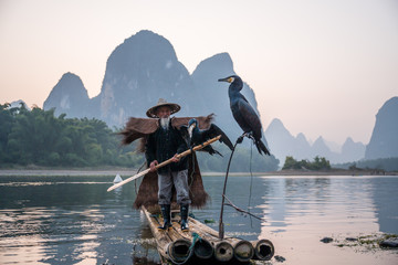 An old fisherman train his cormorants to catch fishes