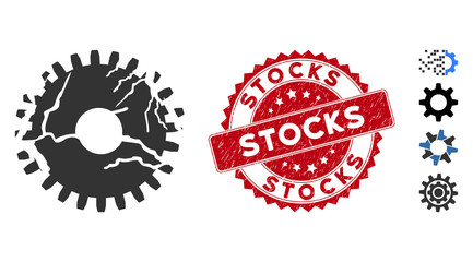 Vector corrupted gear icon and grunge round stamp seal with Stocks caption. Flat corrupted gear icon is isolated on a white background. Stocks stamp uses red color and grunge design.