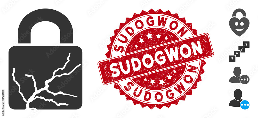 Poster vector corrupted lock icon and distressed round stamp seal with sudogwon text. flat corrupted lock i