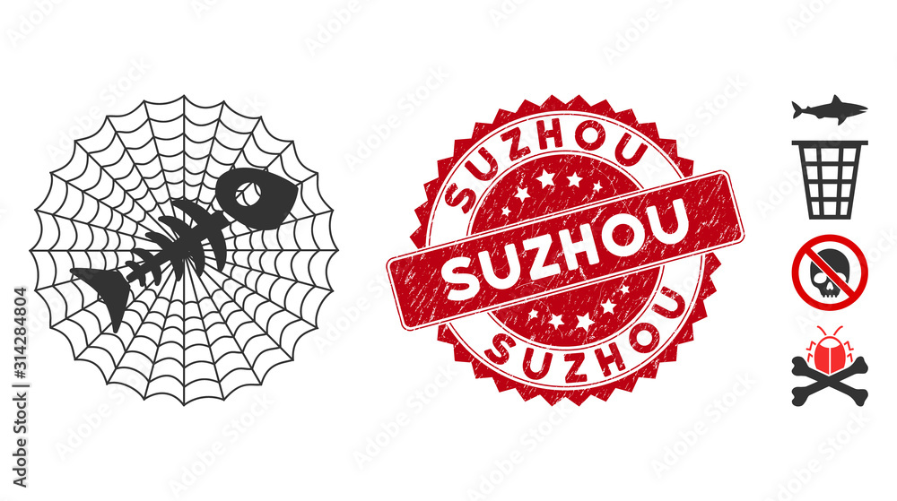 Poster vector dead fish net icon and rubber round stamp seal with suzhou phrase. flat dead fish net icon is