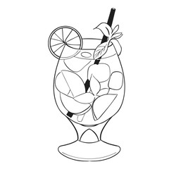 Refreshing Mojito cocktail with lime and mint in a tall glass with a straw and ice. Vector sketch. Isolated.