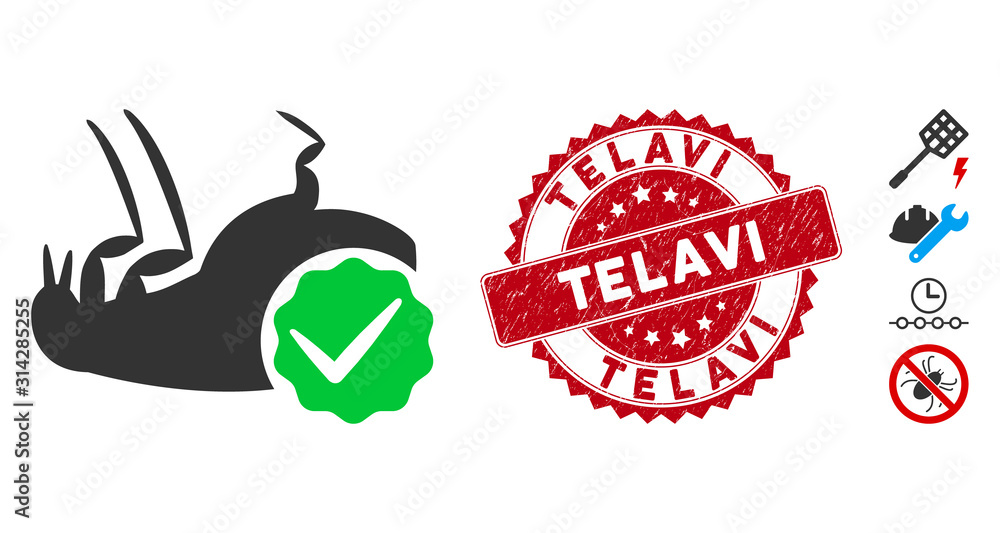 Poster vector flea control icon and distressed round stamp seal with telavi text. flat flea control icon is