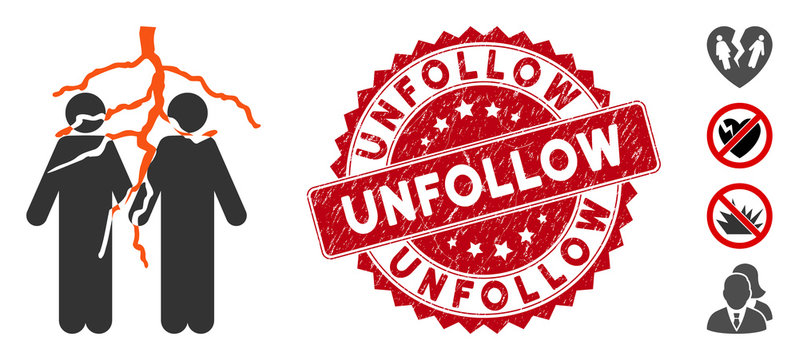 Vector firend conflict icon and distressed round stamp seal with Unfollow phrase. Flat firend conflict icon is isolated on a white background. Unfollow stamp seal uses red color and distress design.