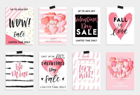 Happy Valentines day cards, posters, banners or social media post concept template. Cute pink designs for 14 February. Vector illustrations collection, EPS 10