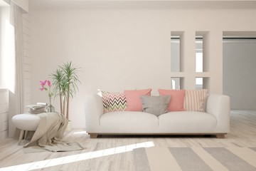Stylish room in white color with sofa. Scandinavian interior design. 3D illustration