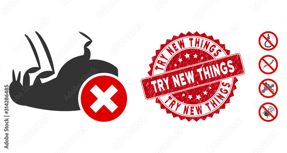 Poster vector kill flea icon and grunge round stamp seal with try new things text. flat kill flea icon is i