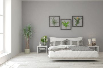Stylish bedroom in grey color. Scandinavian interior design. 3D illustration