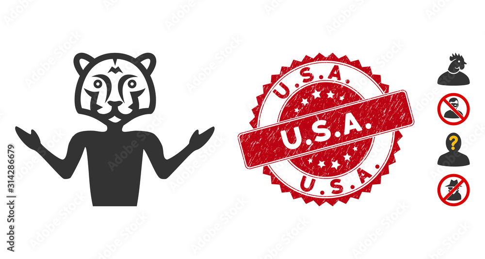 Poster vector masquerade icon and rubber round stamp seal with u.s.a. caption. flat masquerade icon is isol