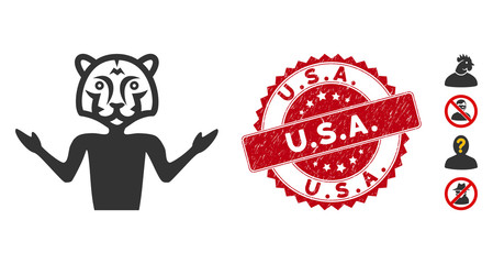Vector masquerade icon and rubber round stamp seal with U.S.A. caption. Flat masquerade icon is isolated on a white background. U.S.A. stamp seal uses red color and rubber texture.