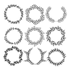 Vector template with flourishes ornament elements. Wedding logo. Elegant monogram, hand drawn marriage invitations, Silhouette round frame with of leaves. Doodle style, family monogram EPS