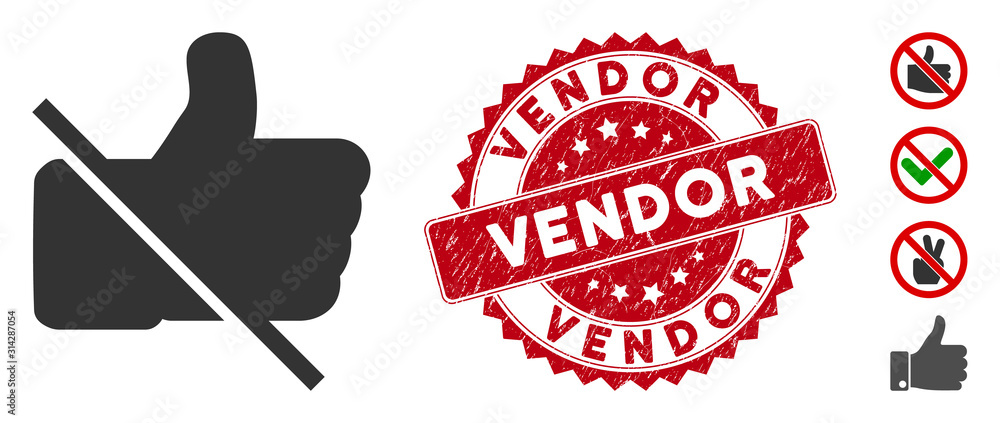 Poster vector no likes icon and distressed round stamp seal with vendor text. flat no likes icon is isolate