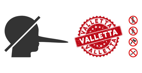 Vector no liars icon and distressed round stamp seal with Valletta caption. Flat no liars icon is isolated on a white background. Valletta stamp seal uses red color and grunge texture.