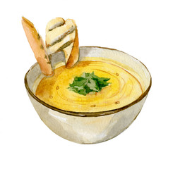 Yellow cream soup, decorated with greens and crackers. Watercolor illustration isolated on white background - 314287029