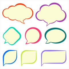 Text bubbles, vector illustrations. Set of bubble templates for text messages with different shapes. Colorful cartoon stickers isolated on the white background.