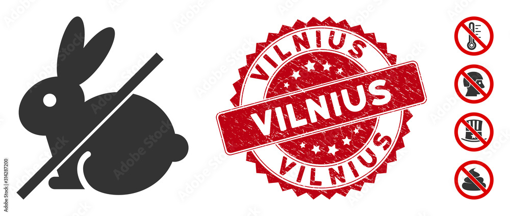 Poster vector no rabbit icon and rubber round stamp seal with vilnius phrase. flat no rabbit icon is isolat