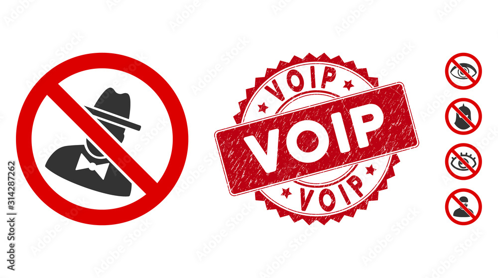 Poster vector no spies icon and corroded round stamp seal with voip caption. flat no spies icon is isolated