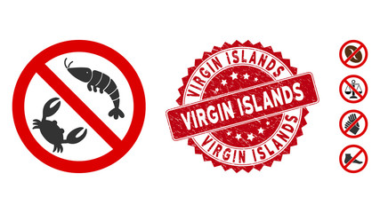Vector no seafood icon and distressed round stamp seal with Virgin Islands text. Flat no seafood icon is isolated on a white background. Virgin Islands stamp seal uses red color and scratched texture.
