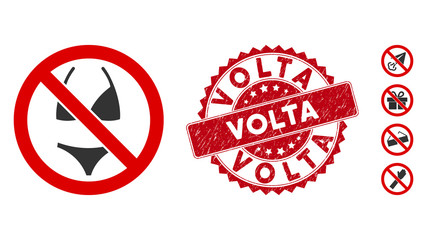 Vector no swimsuit icon and corroded round stamp seal with Volta text. Flat no swimsuit icon is isolated on a white background. Volta stamp seal uses red color and scratched texture.