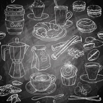 Seamless pattern with coffee party Collection, cakes and sweets icons. Hand drawn Chalkboard design.