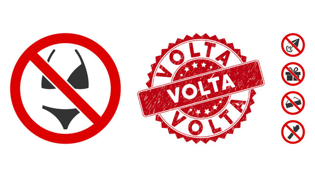 Vector No Swimsuit Icon And Corroded Round Stamp Seal With Volta Text. Flat No Swimsuit Icon Is Isolated On A White Background. Volta Stamp Seal Uses Red Color And Scratched Texture.