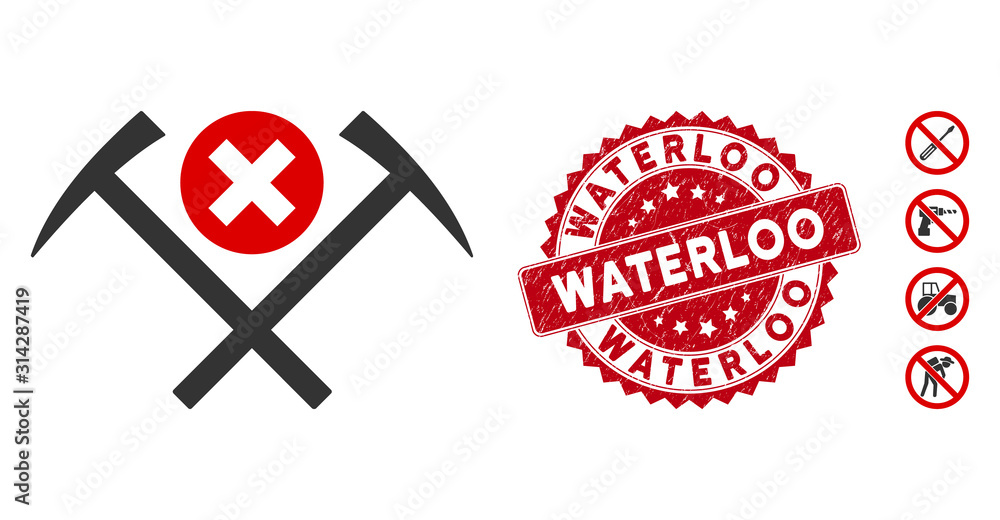 Poster vector no work icon and grunge round stamp seal with waterloo caption. flat no work icon is isolated