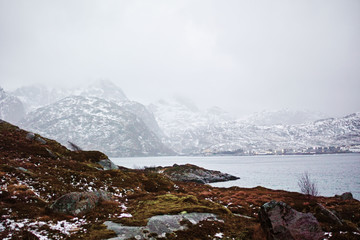 Winter landscape of Lofoten islands: fjord and snowy mountains peaks.