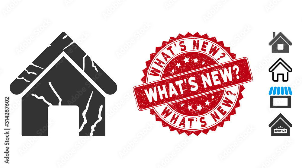 Poster vector old home icon and rubber round stamp seal with what's new? text. flat old home icon is isolat